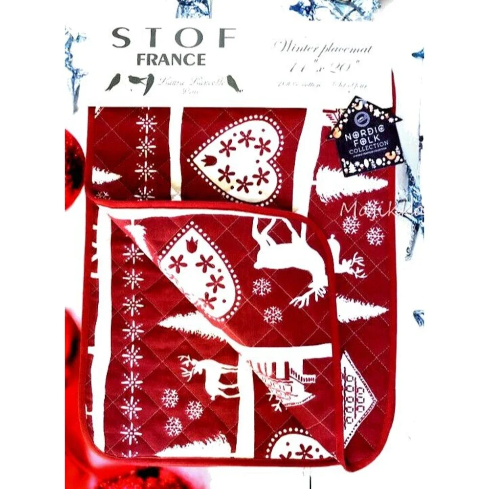 Stof France Christmas Placemats Quilted Winter Red Stag Hearts Scandi Set Of 4